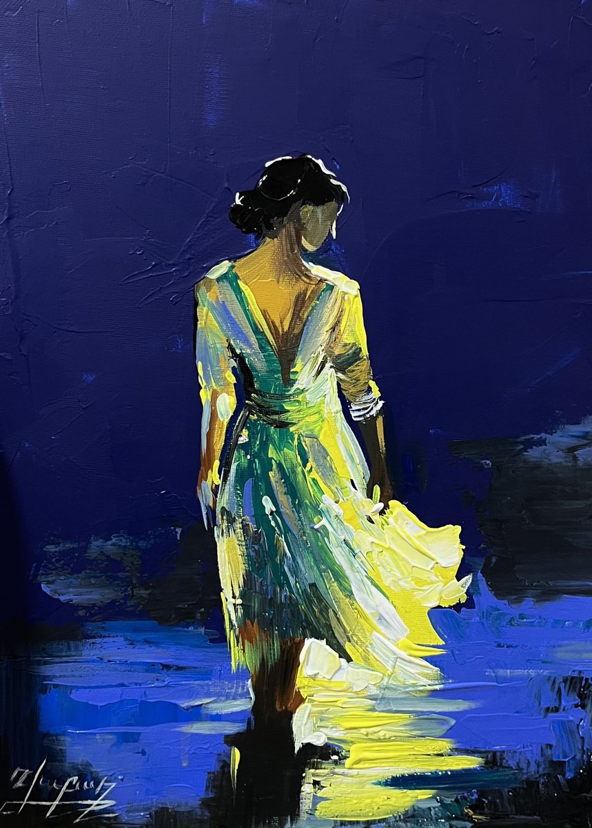 Impressionistic Landscape Oil Painting By Vahe Bagumyan, 12 X 16", Walking In The Moonlight, Original Artwork