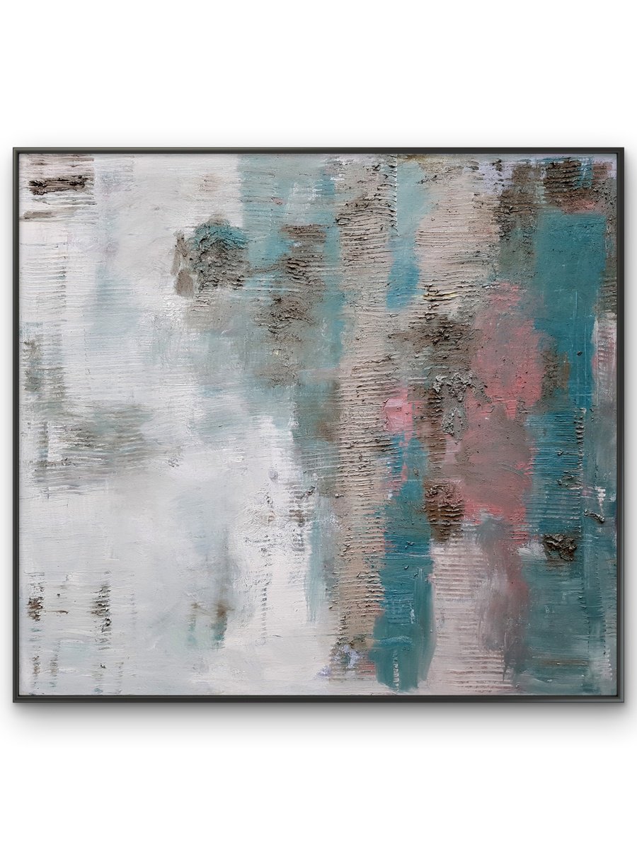 Organic Abstract Oil Painting By Gabriel Prundeanu, 79 X 71, Textured Large Painting Blue, Original Artwork