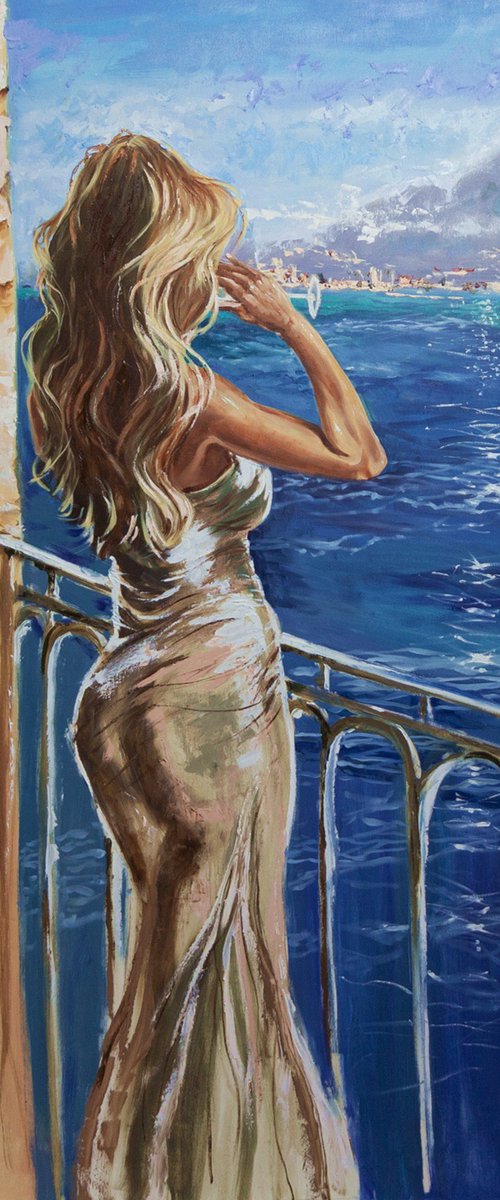" GARDA VIEW WITH GIRL DRINKING CHAMPAGNE " by Monika Luniak