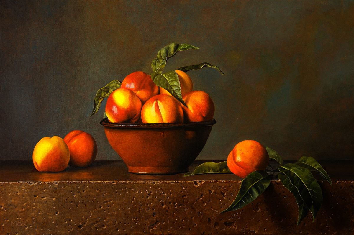 Nectarines and Terracotta Bowl by Dietrich Moravec