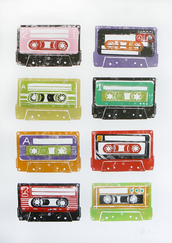 Linocut tapes #6 (cassette tapes, retro music, 70's, 80's rock culture)