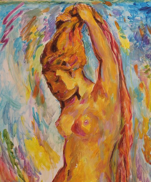 BY THE OCEAN - Aquarius zodiac sign -nude art, original oil painting large size by Karakhan