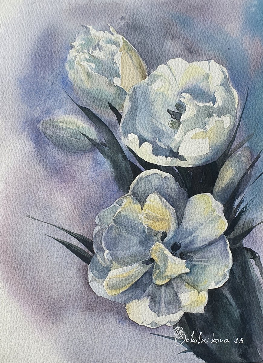 Impressionistic Botanical Watercolour By Sonata Art, 12 X 16", Ethereal Blue Elegance Of Tulips, Original Artwork