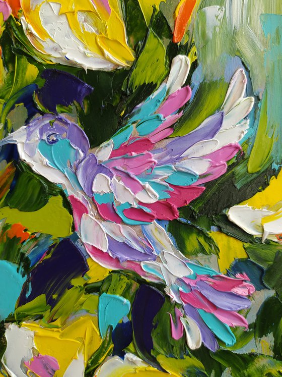 Love in flowers - birds, hummingbird, love, birds in flowers, lovers, flowers, oil painting, flowers oil painting, gift idea