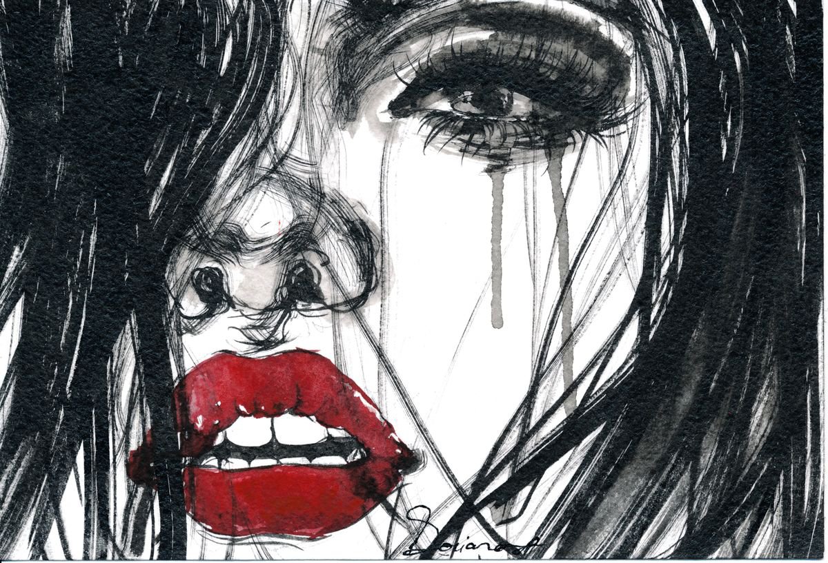 Expressive Portrait Ink Drawing By Doriana Popa, 7 X 5, Lips And Tears, Original Artwork