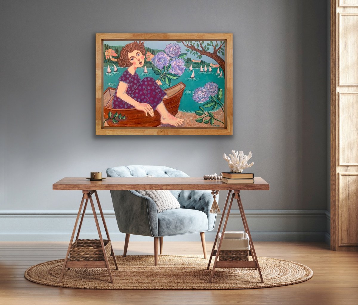 Naive Landscape Painting By Holly Wojahn, 28 X 20, In My Little Boat, Original Artwork