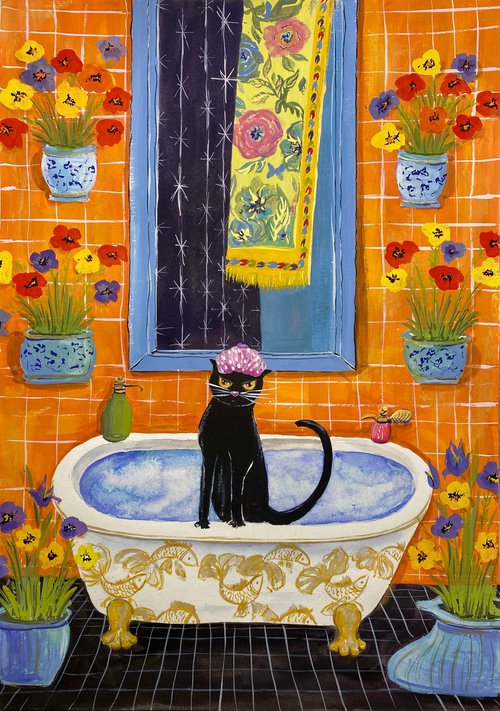 Whiskers and Whims: Home Adventures of a Black Cat - Bath time by Tetiana Savchenko