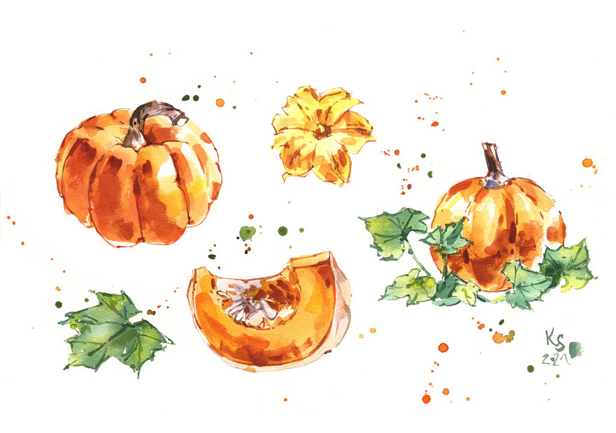 Pumpkin in dotted drops. Expressive sketch original watercolor illustration by Ksenia Selianko