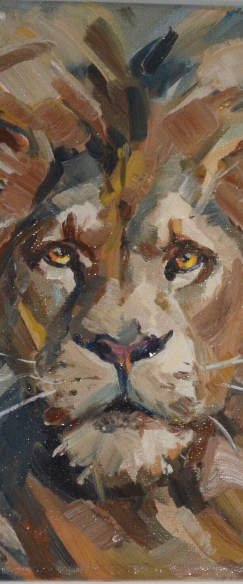 Lion head small oil painting by Yulia Evsyukova