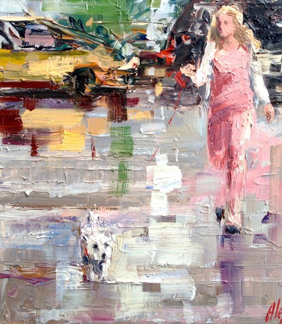 Girl in Pink with a Dog.