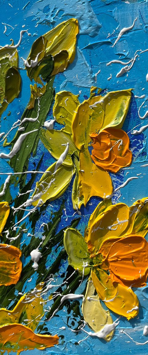 Daffodil Painting Floral Original Art Flower Oil Impasto Artwork Small Wall Art 4 by 6" by Halyna Kirichenko by Halyna Kirichenko