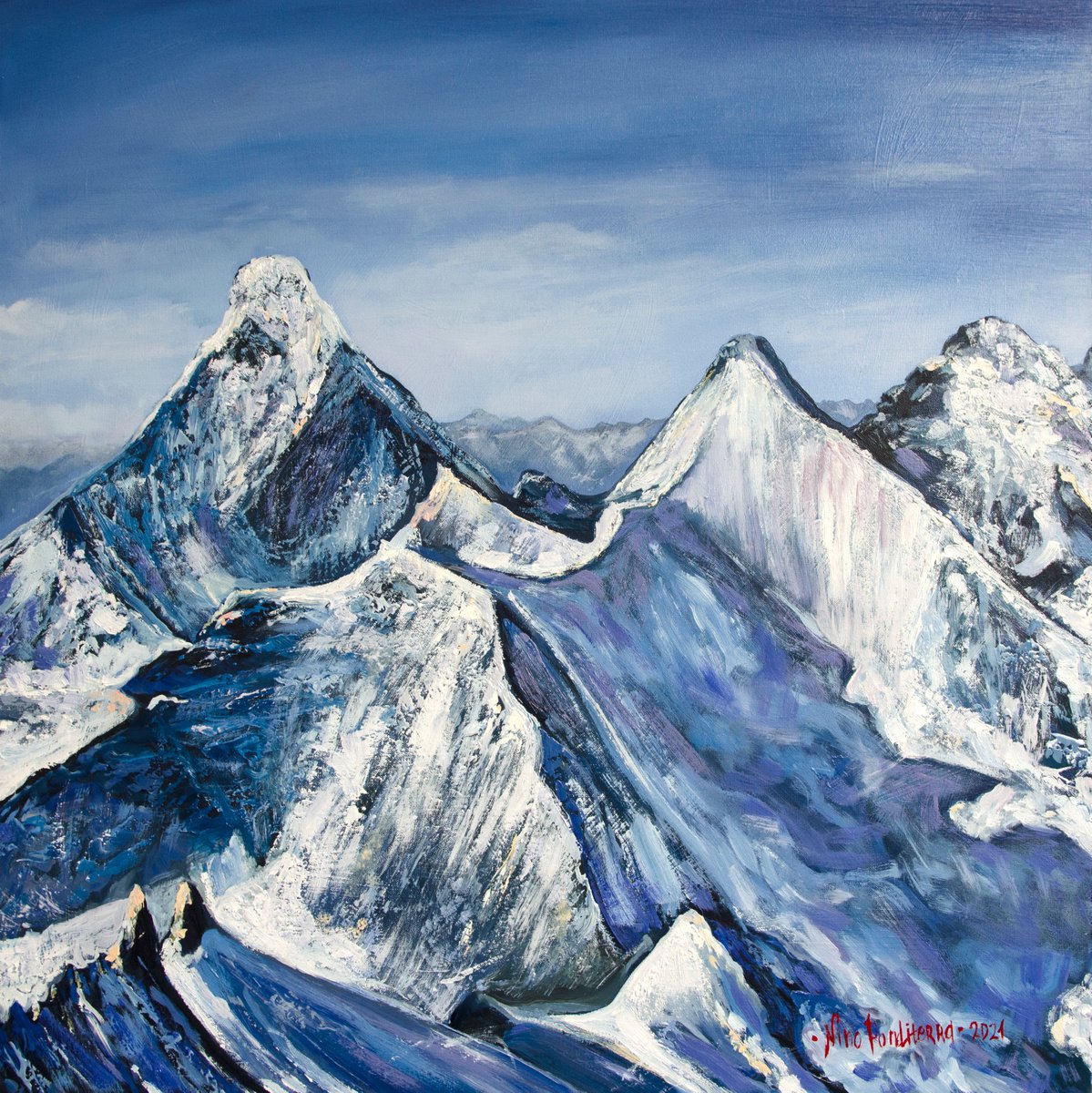 Impressionistic Landscape Oil Painting By Nino Ponditerra, 24 X 24", Alpine View, Original Artwork