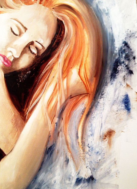 Red head - original painting - 42 x 59 cm (17' x 23')- modern nude oil /watercolor on paper