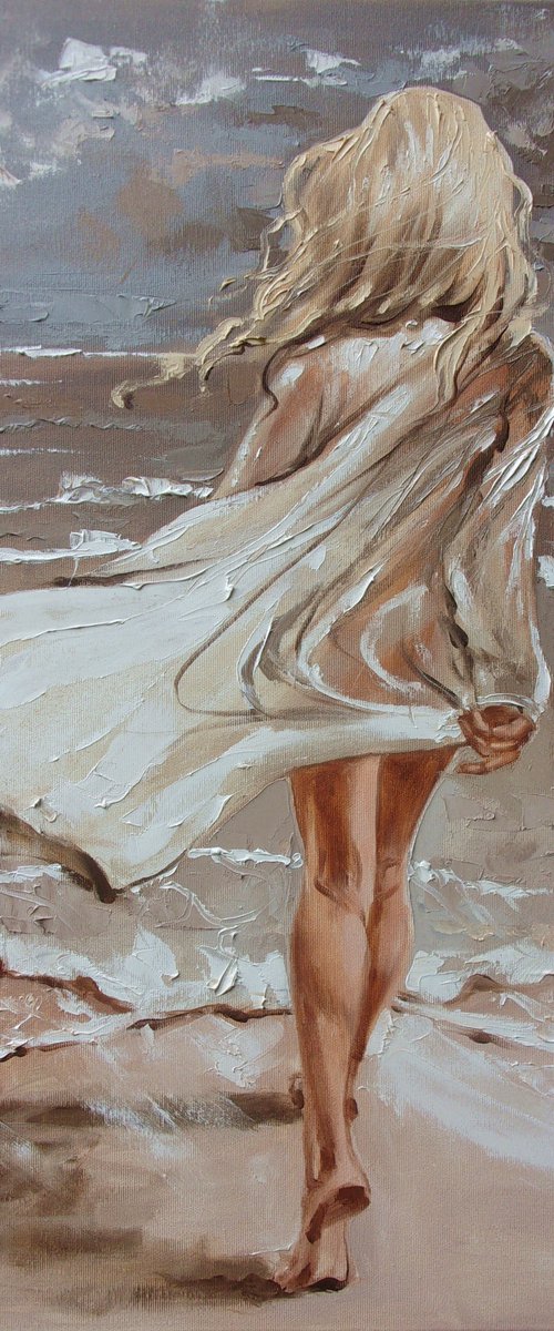 " LAST DAY ... "  SUN SKY SEA SAND liGHt  ORIGINAL OIL PAINTING, GIFT, PALETTE KNIFE by Monika Luniak