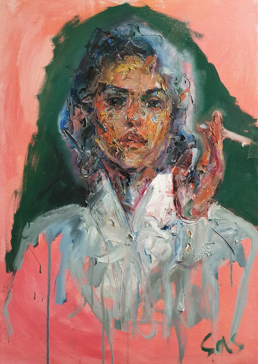 Expressive Portrait Oil Painting By Liubou Sas, 20 X 28", Poise, Original Artwork