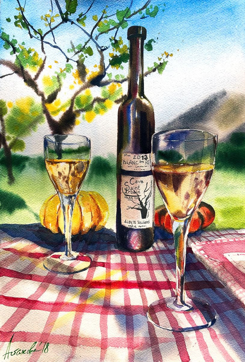 Impressionistic Still Life Watercolour By Ksenia Astakhova, 14 X 20", Pique-Nique D
