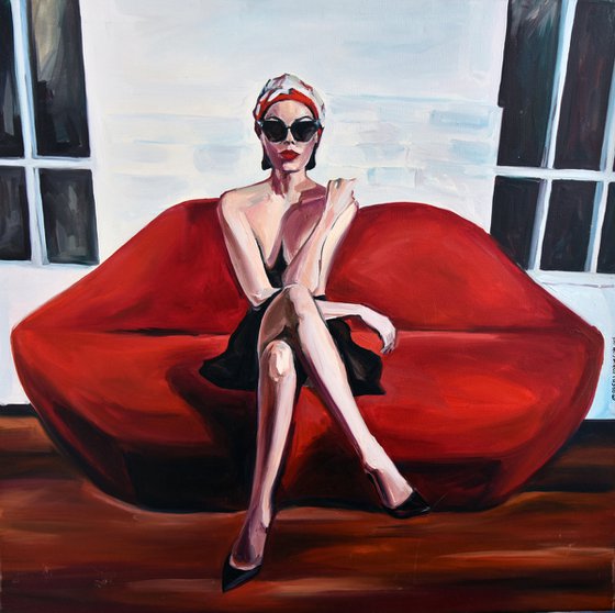 LIPS SOFA - oil painting on canvas, red lips, woman, gaze, sex, erotics, body shapes, white, red, sunglasses, office art, wall art