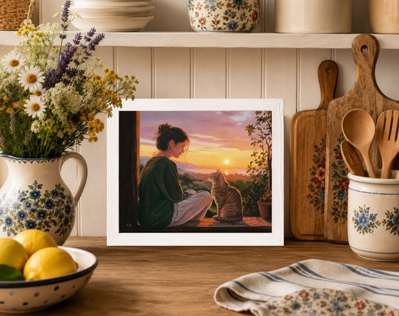 Girl watching the sunset with her tabby cat