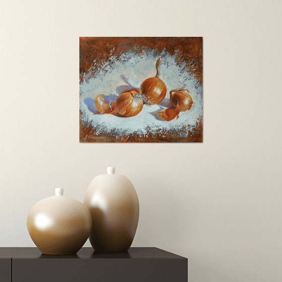 "Onion family."  Onion still life  liGHt original painting PALETTE KNIFE  GIFT (2020)