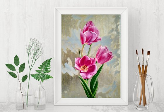 Tulips on a silver background