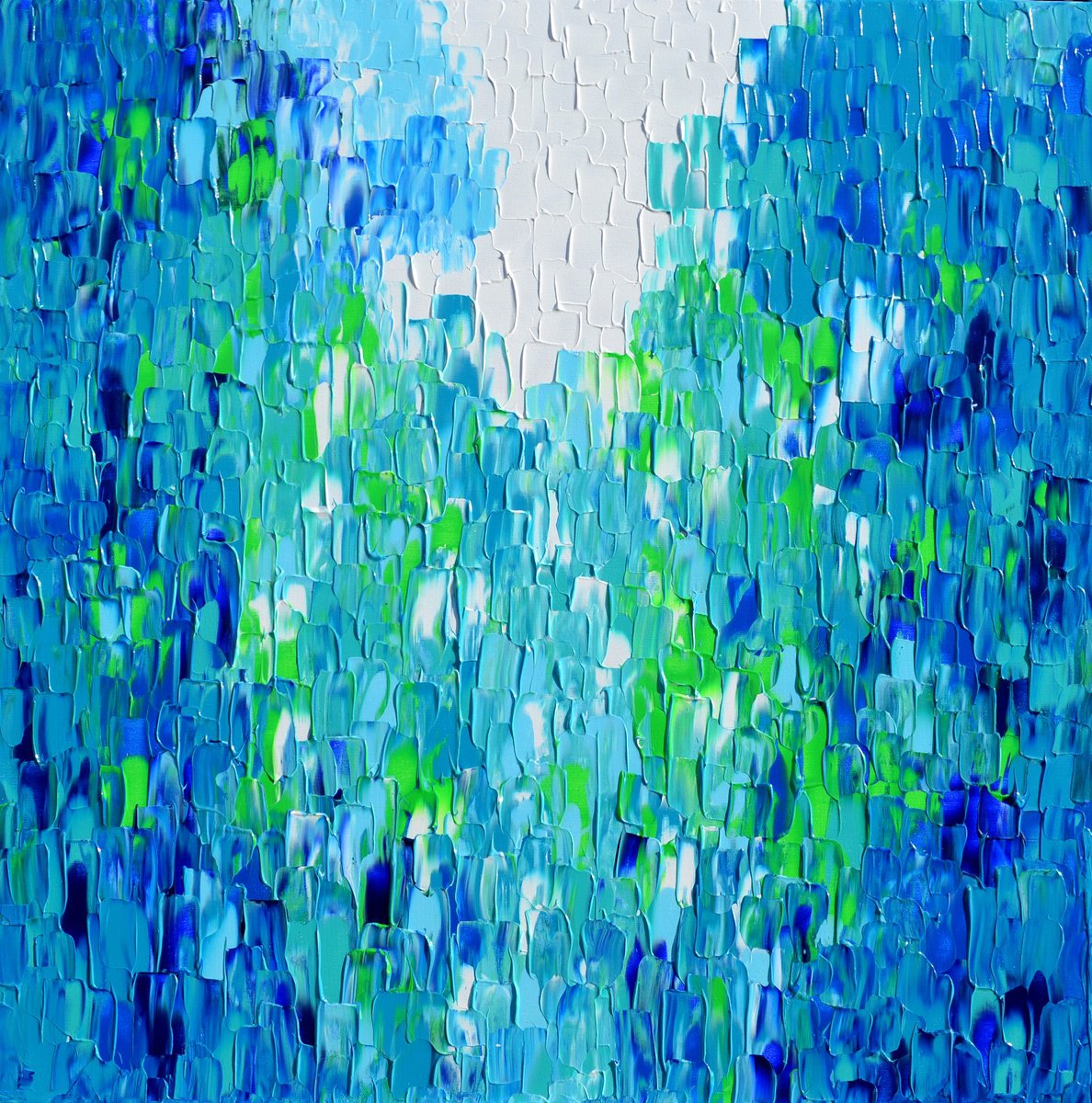 Impressionistic Landscape Acrylic Painting By Soos Tiberiu, 31 X 31", Relief Blue 14, Original Artwork