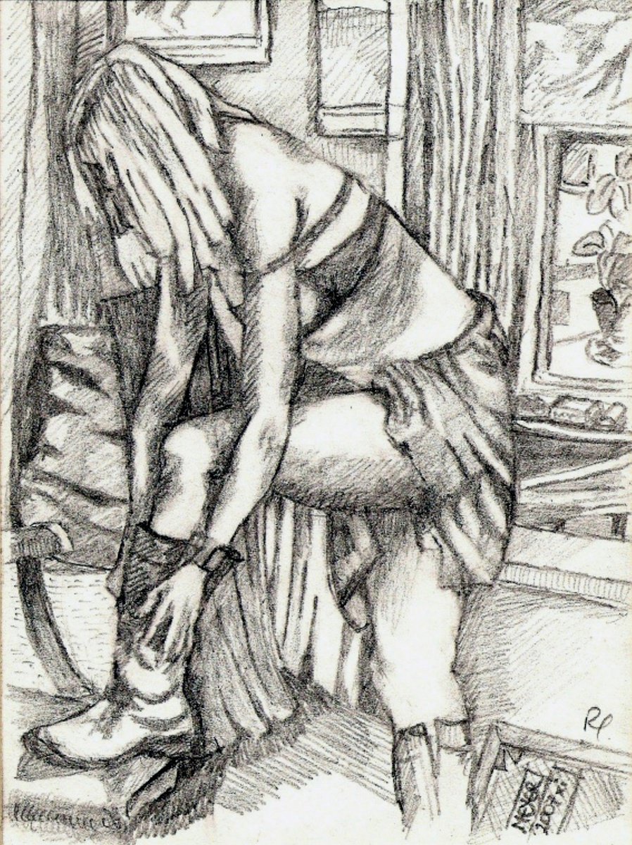 Illustrative Portrait Pencil Drawing By Richard Meyer, 11 X 13", Tanya Fixing Her Boots, Original Artwork