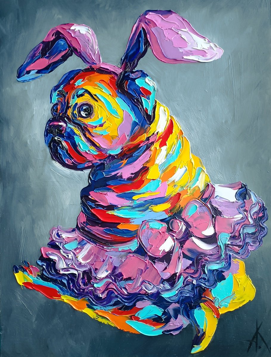 Bunny - pug dog, oil painting by Anastasia Kozorez