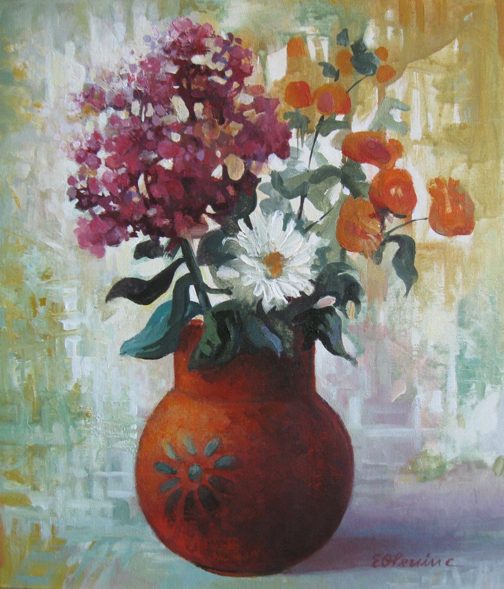 Impressionistic Botanical Acrylic Painting By Elena Oleniuc, 12 X 14, Vase Of Flowers, Original Artwork