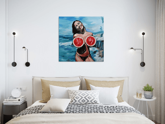 WATERMELONS - sea original oil painting - seaside, summer, erotic art, naked woman, gift idea, pop art, office art home decor
