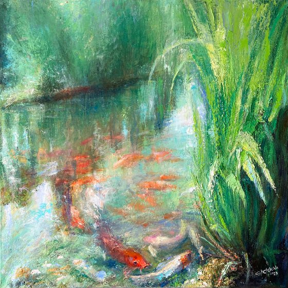 Nature in red and green . Japanese garden . Original oil painting