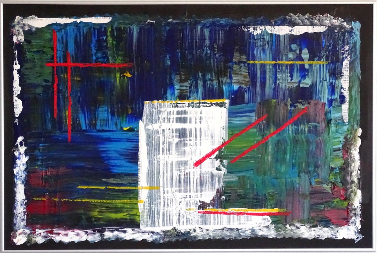 Abstract Acrylic Painting By Cb., 37 X 25, Behind The Red Stripes, Original Artwork
