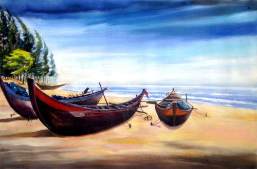 Fishing Boats at Seashore-Acrylic on canvas by Samiran Sarkar