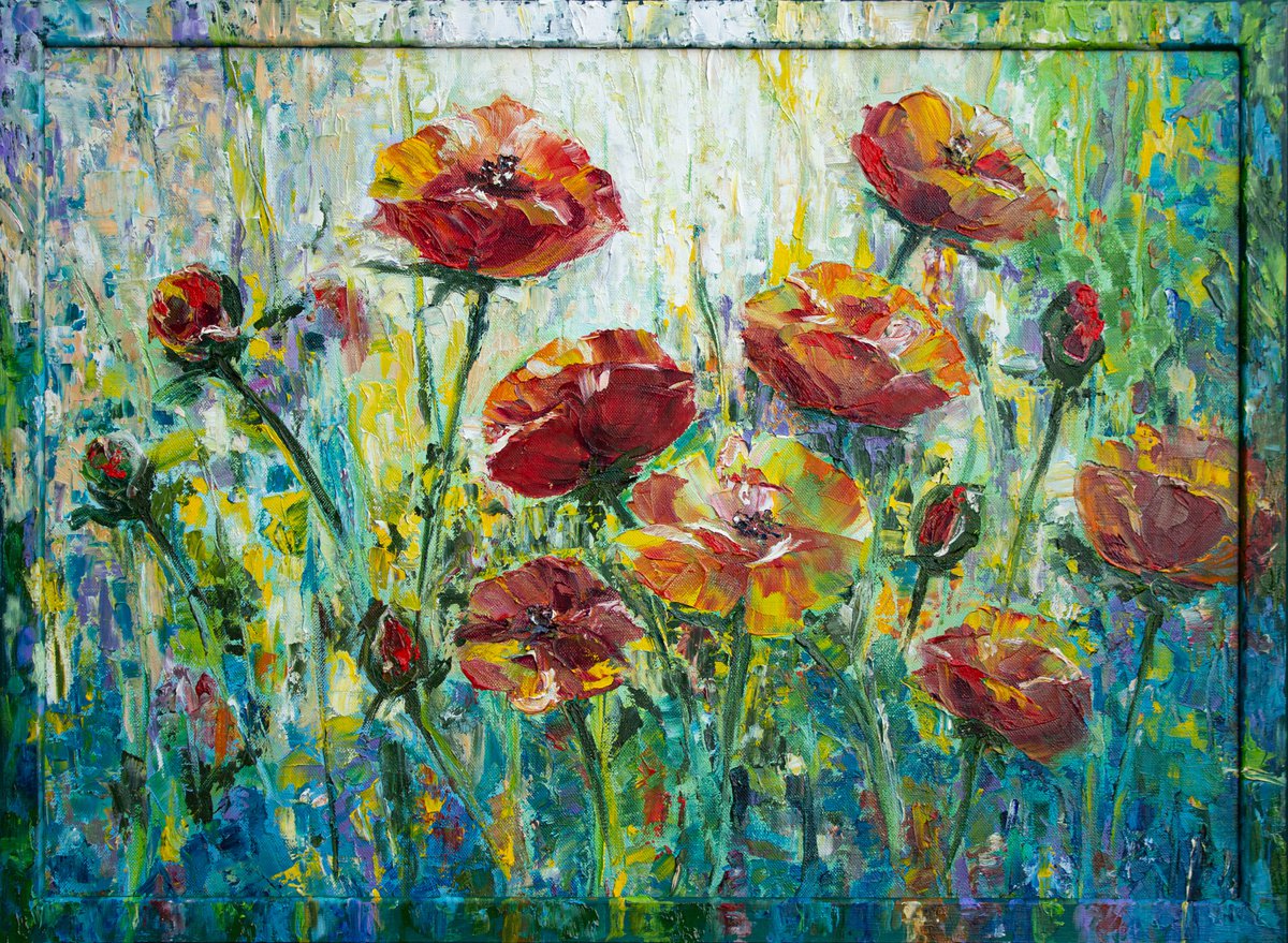 Expressive Botanical Oil Painting By Mila Moroko, 28 X 20", Framed Artwork Poppies Etude, Original Artwork