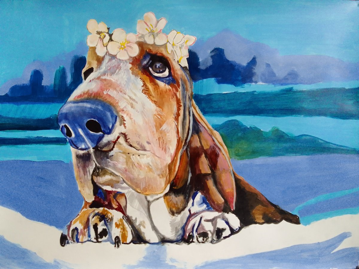Photorealistic Animal Acrylic Painting By Soso Kumsiashvili, 33 X 24", Bassethound, Original Artwork