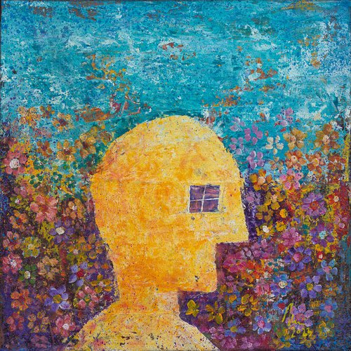 Window-eyed Man in the Vibrant Garden - Abstract painting by Peter Zelei