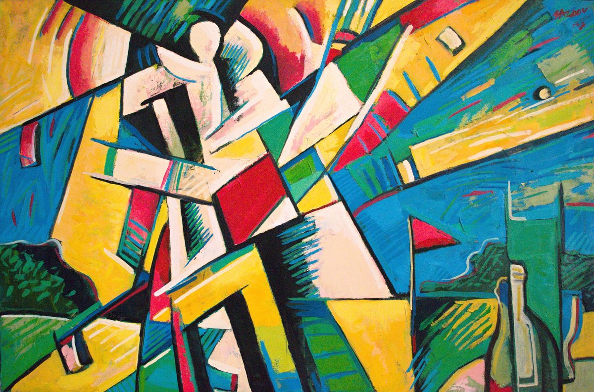 Geometric Portrait Oil Painting By Rumen Sazdov, 47 X 31", Golf Rotation, Original Artwork