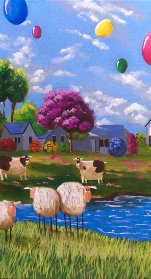 Happy sheep with balloons by Gordon Bruce