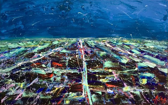 Night city, oil painting 60x95cm, ready to hang!