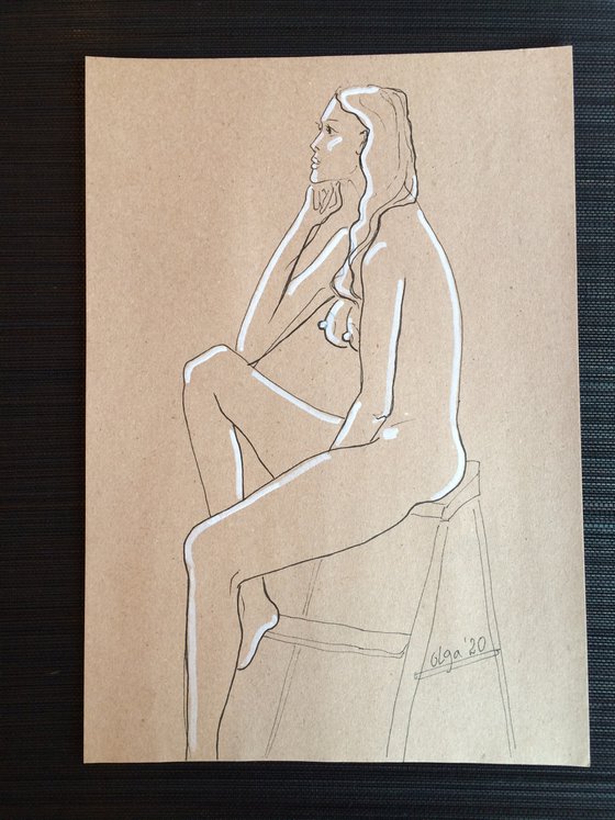 Naked girl- Erotic sketch - Nude seated woman drawing - Sensual gift for Valentine's Day.