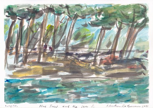 Pine Trees and the Sea I, 2018, acrylic on paper, 20,8 x 29,5 cm by Alenka Koderman