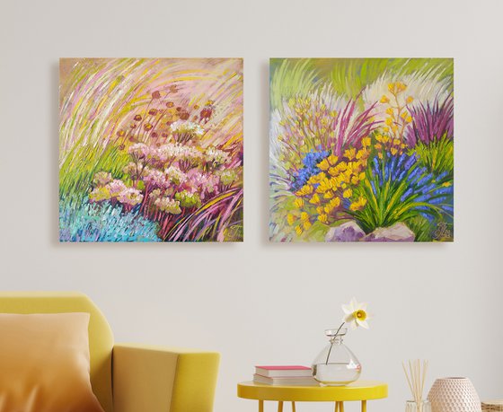 Midday Meadow. Set of 2 abstract floral artworks