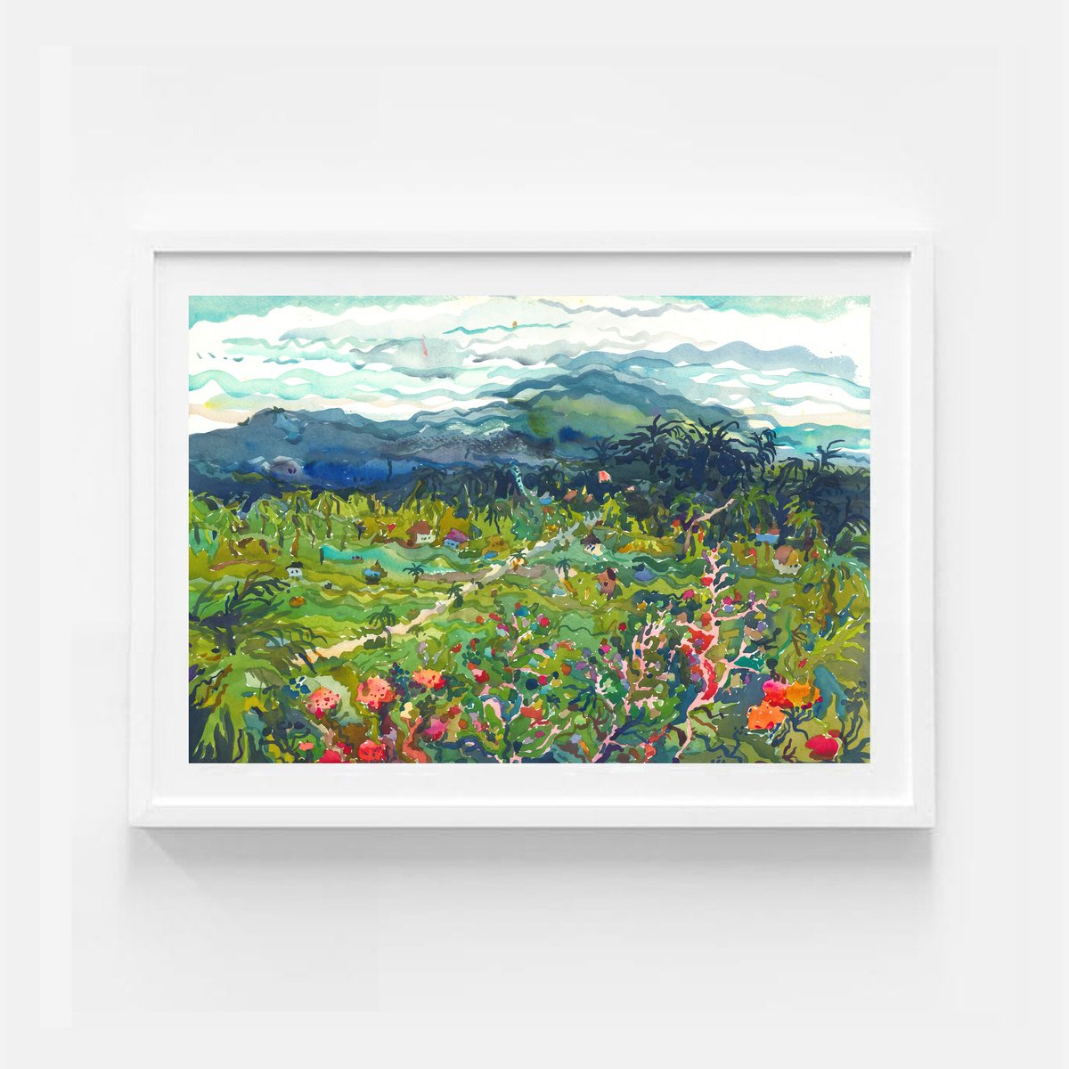 Impressionistic Landscape Watercolour By Tanbelia, 22 X 15", Bukit Cinta View To Volcano, Original Artwork