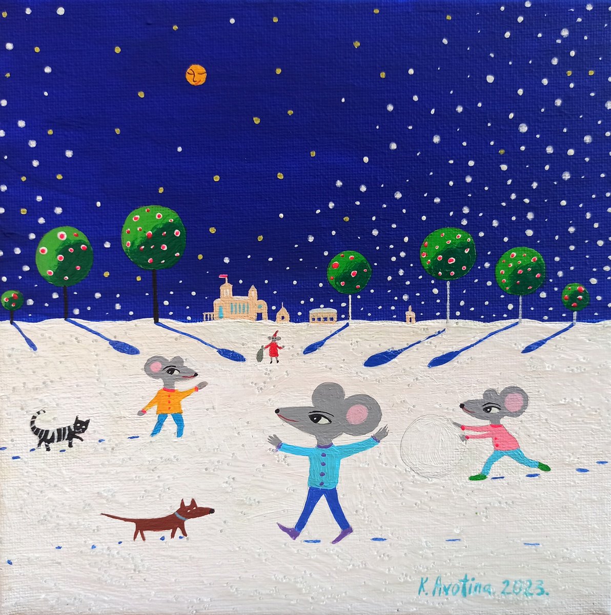 Impressionistic Animal Acrylic Painting By Katrina Avotina, 8 X 8", Christmas Joy, Original Artwork