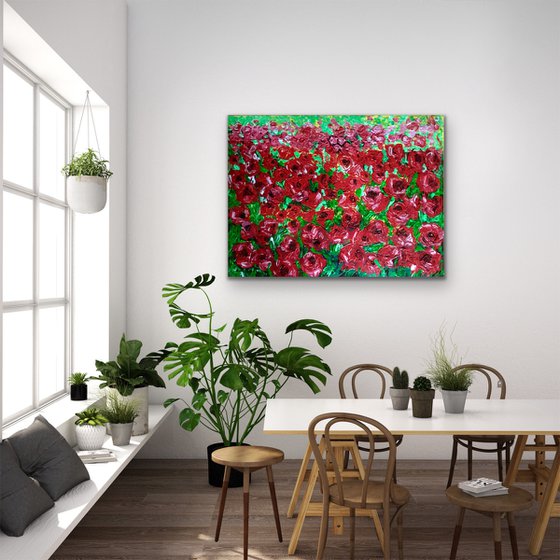 FIELD OF RED ROSES, MEADOW OF FLOWERS, large size painting office home decor gift