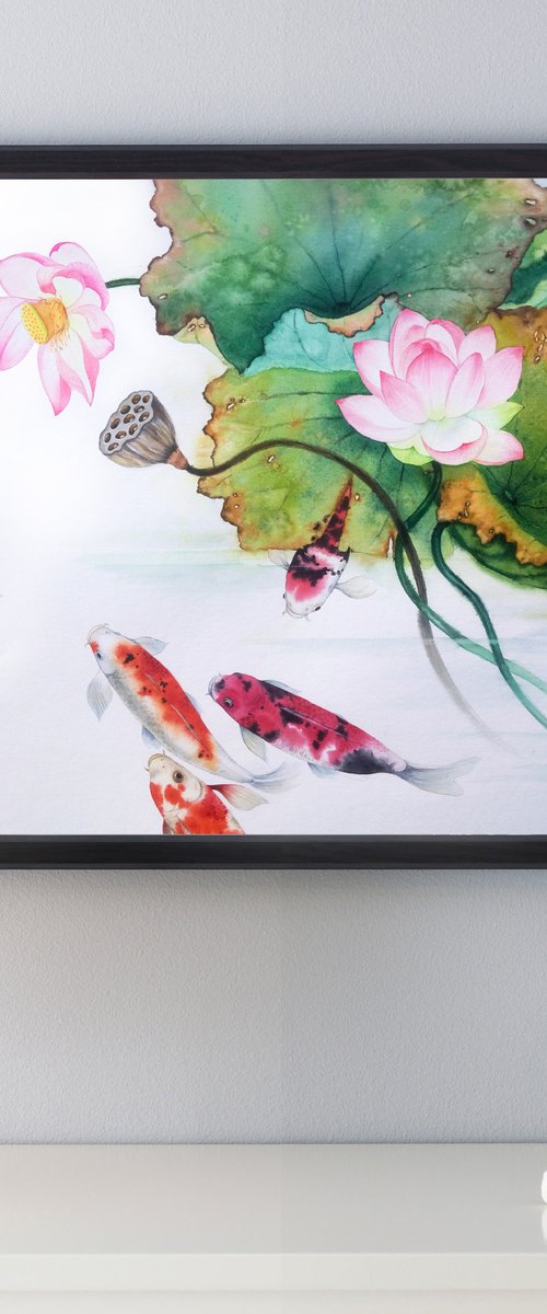 Koi Fish Lotus  #1 by Olga Beliaeva Watercolour