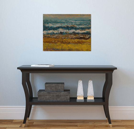 BENGAL BAY WAVES - Landscape art, waterscape, marina, ocean, beach, sun, sky, sunset, light on water, original oil painting, summer, wave, blue, yellow, warm colours, nature impressionism art office interior home decor, gift 50x65