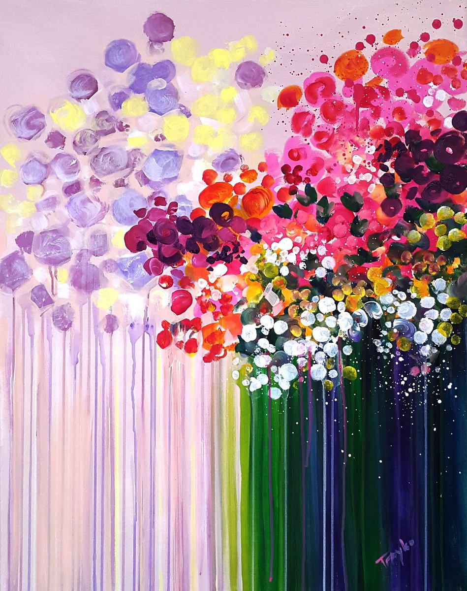 Abstract Botanical Acrylic Painting By Trayko Popov, 28 X 35", Morning Dew, Original Artwork