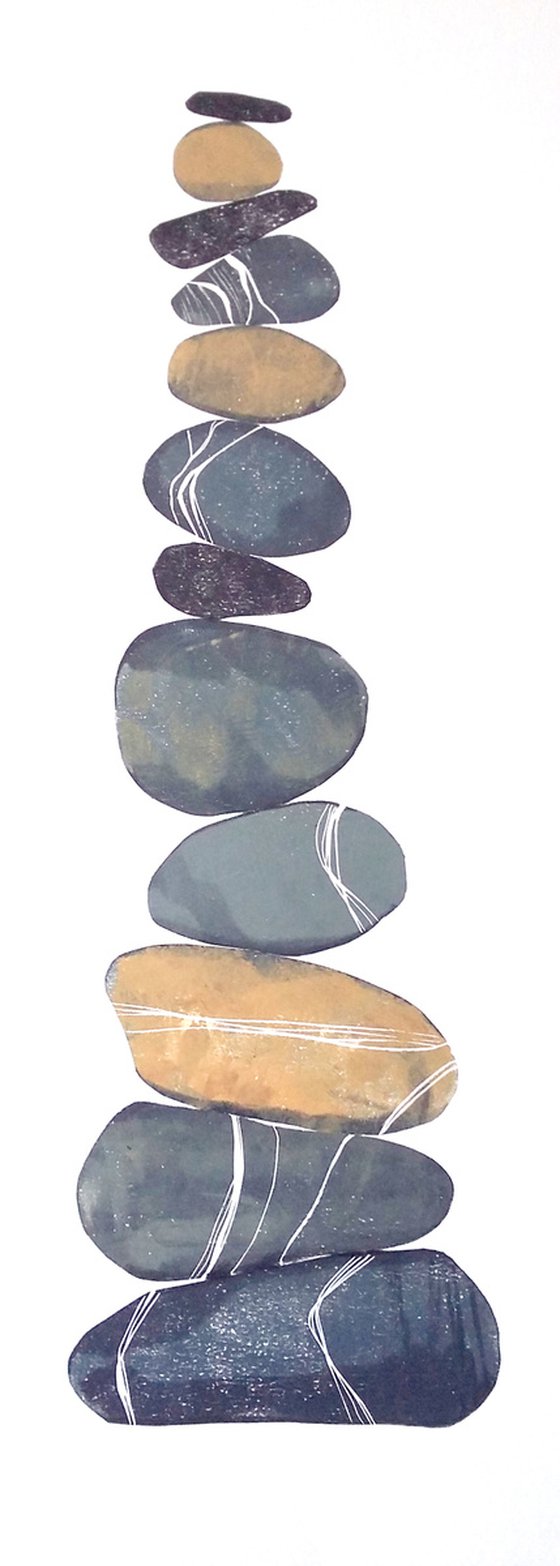 Zen stones - Twelve stones #11  ( banded balancing stones lino/monoprint)