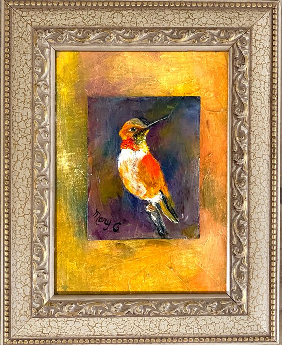 Rufous hummingbird oil painting on gessoed masonite mounted on gessoed panelboard  beige and gold frame 5x7