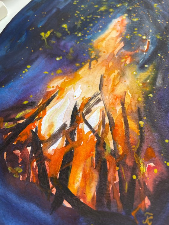 Bonfire Watercolor Painting, Fire Original Artwork, Campfire Picture, Camping Wall Art, Gift for Him